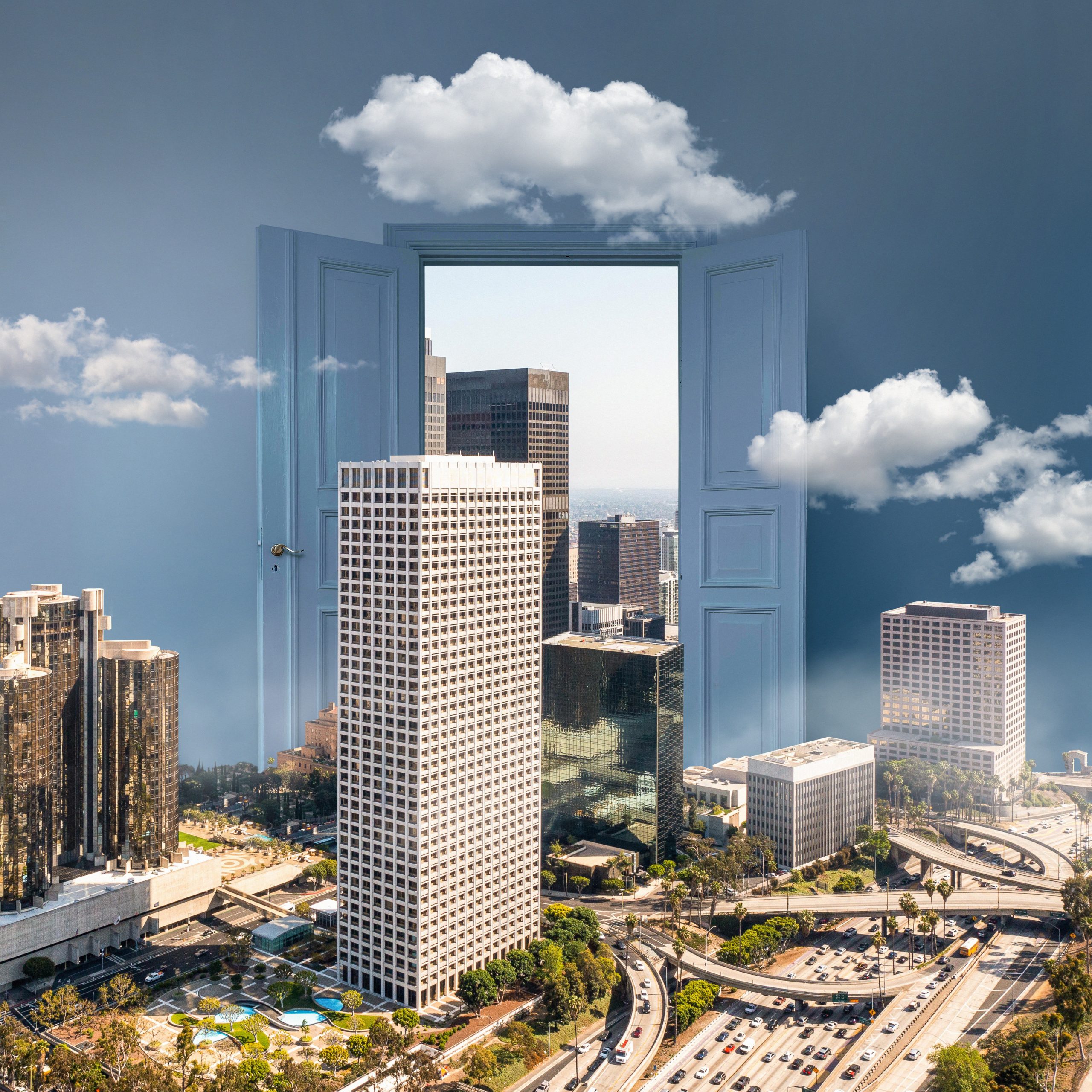 Open door revealing a modern city skyline