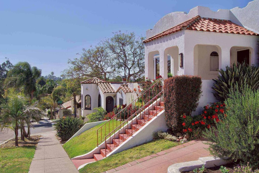 Mediterranean-style homes in a hillside neighborhood